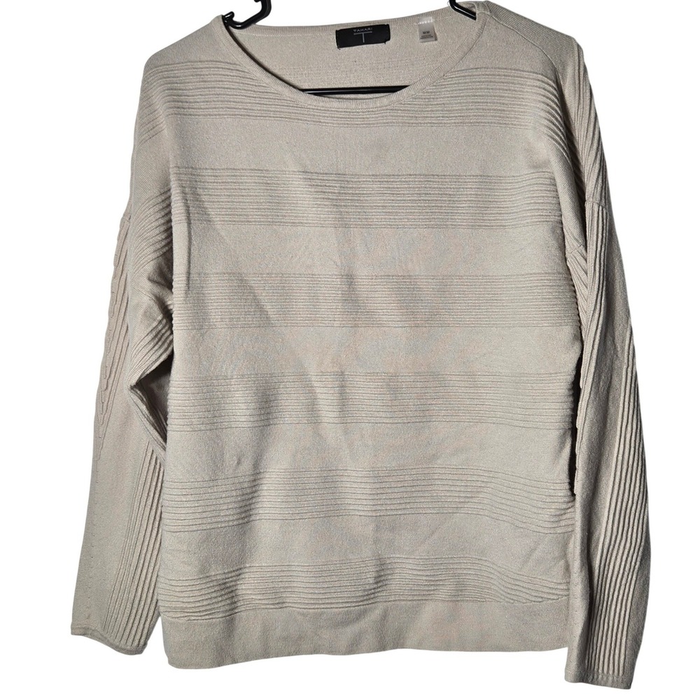Tahari Womens Beige Knit Long Sleeve Sweater Medium Quiet Luxury Minimalist Cozy